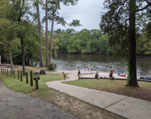 A scenic riverbank with people enjoying the water, surrounded by trees and a winding path.