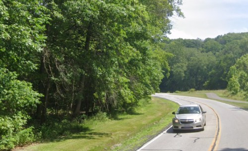 A white car drives along a winding road lined with lush green trees on a sunny day.