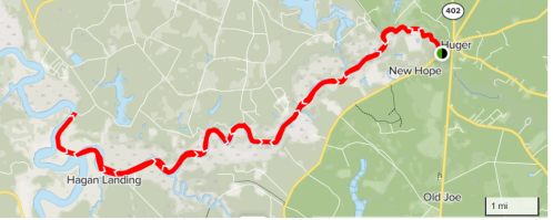 Map showing a winding red route from Hagan Landing to New Hope, near Huger, South Carolina.