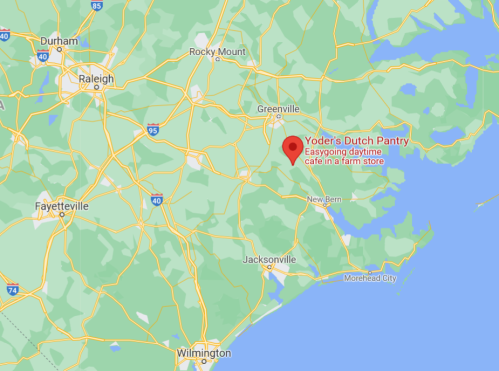 Map showing the location of Yoder's Dutch Pantry, an easygoing daytime café in a farm store, near New Bern, NC.