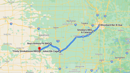 Map showing BBQ restaurant locations in Kansas, including Roy's Hickory Pit BBQ and Smokey's BBQ & Catering.