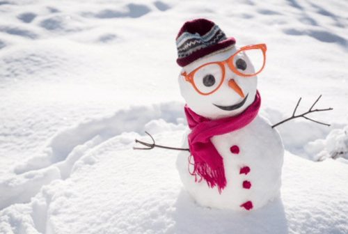 A cheerful snowman wearing a hat, glasses, and a scarf, standing in a snowy landscape.
