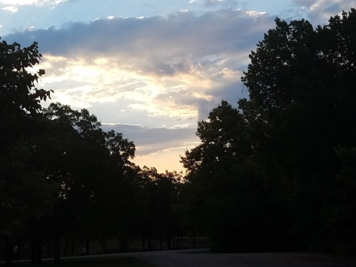 A serene sunset with clouds and trees silhouetted against a colorful sky.