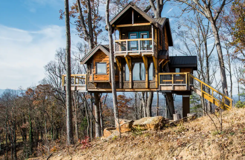 A wooden treehouse with large windows, perched among trees on a hillside, surrounded by autumn foliage.