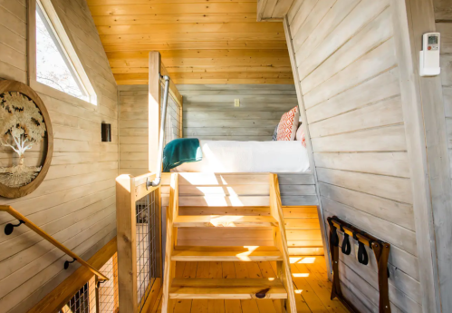 Cozy wooden interior with stairs leading to a lofted bed, featuring natural light and rustic decor.