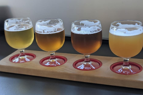 Four glasses of beer in varying colors, displayed on a wooden flight board with red coasters.