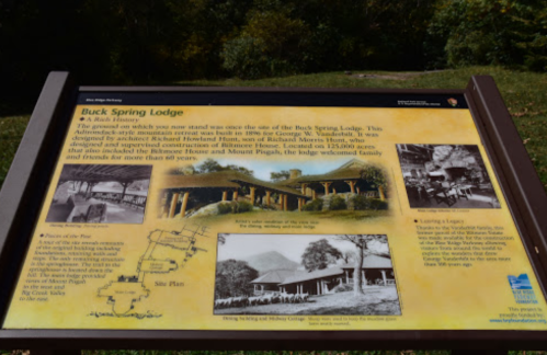 Sign about Buck Spring Lodge, featuring historical images and information about its significance and design.