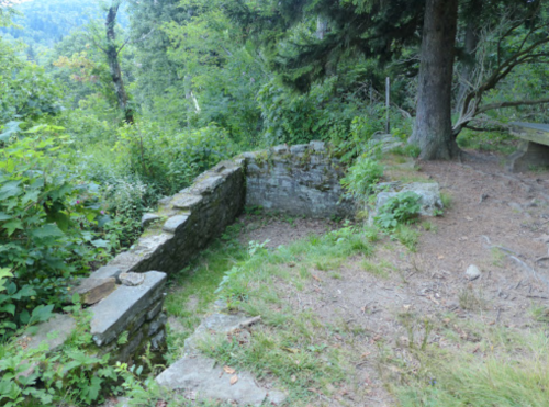 A stone wall partially covered in greenery, surrounded by trees and a natural landscape.