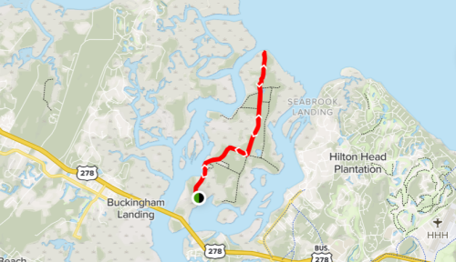 Map showing a route in Hilton Head, SC, with a highlighted path and nearby landmarks like Buckingham Landing.