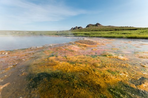 A colorful geothermal area with steam rising, surrounded by green grass and rocky hills under a clear blue sky.