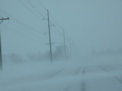 A snowy road with power lines disappearing into a foggy, blizzard-like landscape. Visibility is very low.