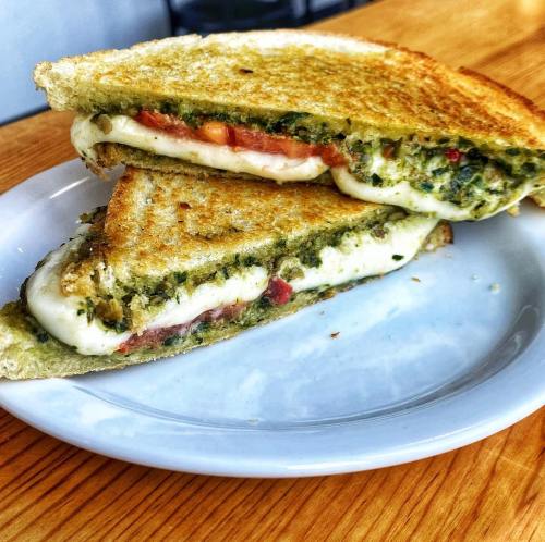 A toasted sandwich filled with melted cheese, tomatoes, and herbs, served on a white plate.