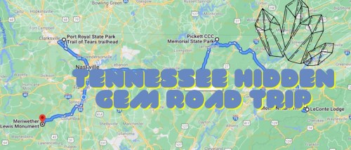 Map highlighting a road trip route in Tennessee, featuring hidden gems like Meriwether Lewis Monument and state parks.