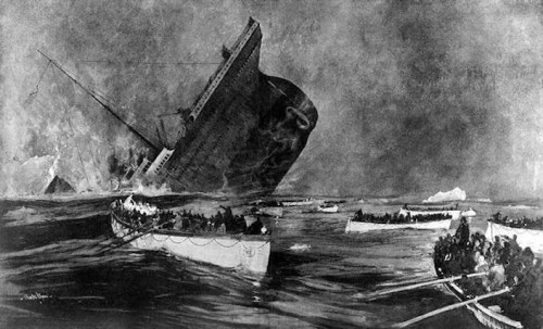 A dramatic black-and-white illustration of a sinking ship with lifeboats nearby, capturing a moment of maritime disaster.