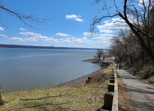 A scenic view of a river with a walking path, trees lining the shore, and a clear blue sky with fluffy clouds.
