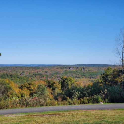 A scenic view of rolling hills and trees under a clear blue sky, showcasing autumn foliage in the distance.