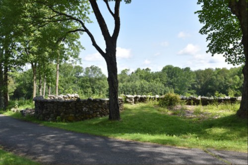 A scenic view of stone ruins surrounded by trees and greenery, with a pathway in the foreground.
