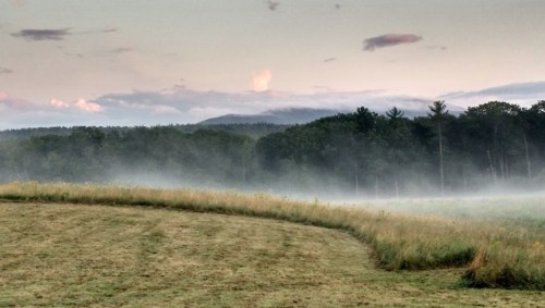 A misty landscape at dawn, featuring rolling fields and distant mountains under a soft, cloudy sky.