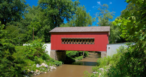 A red covered bridge spans a calm river, surrounded by lush green trees and a clear blue sky.