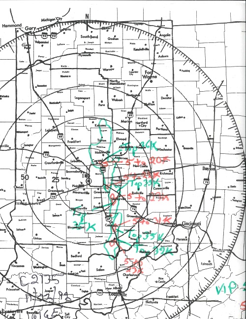 Map showing various locations and markings in the Midwest, with circles and annotations in red and green.