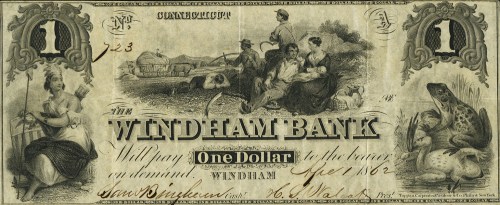 A vintage one-dollar banknote from Windham Bank, Connecticut, featuring illustrations and ornate designs.