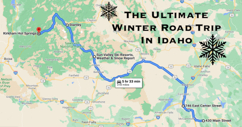 Map showing a winter road trip route in Idaho, highlighting Kirkham Hot Springs and nearby ski resorts.