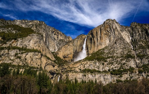 A majestic waterfall cascades down rocky cliffs under a blue sky with wispy clouds, surrounded by lush greenery.