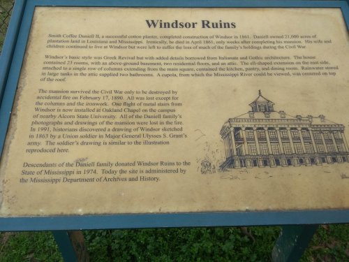 Sign about Windsor Ruins, detailing history, architecture, and Civil War significance in Mississippi.
