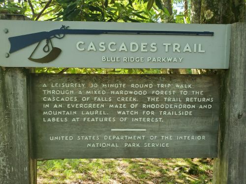 Sign for Cascades Trail on the Blue Ridge Parkway, detailing a 30-minute round trip walk through a forested area.