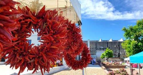 Bright red chili pepper wreaths hang in the foreground, with a sunny sky and a market scene in the background.