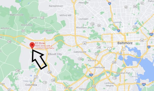 Map showing the location of EC Diner, a retro diner with a comfort food menu, near Columbia, Maryland.