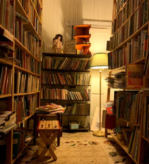 A cozy library corner filled with bookshelves, a lamp, and a small table, creating a warm reading atmosphere.