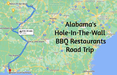 Map showing a road trip route through Alabama, highlighting various hole-in-the-wall BBQ restaurants.