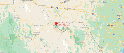 Map showing the location of Big Bend Ranch State Park in Texas, near the border with Mexico.