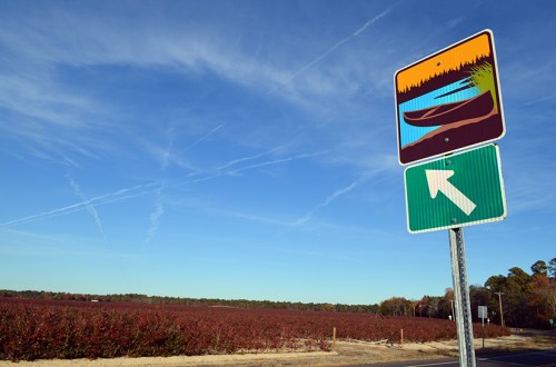 A road sign indicating a right turn, with a scenic illustration above, set against a backdrop of a blue sky and fields.