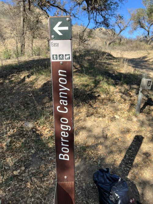 Signpost for Borrego Canyon trail, indicating an easy path with symbols for hiking, biking, and horseback riding.