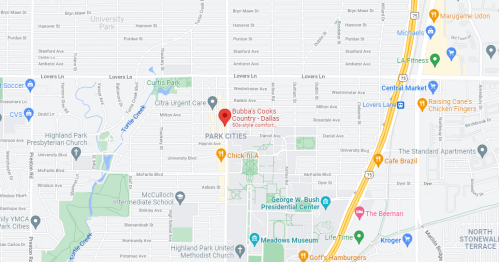 Map showing the Park Cities area in Dallas, highlighting Bubba's Cooks Country restaurant and nearby landmarks.