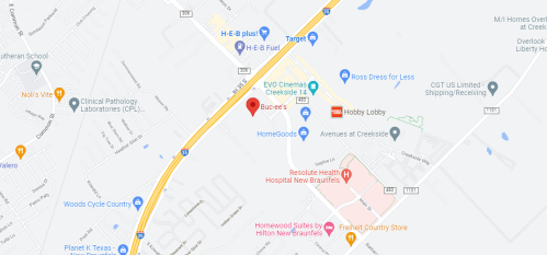 Map showing a section of a highway with nearby businesses and landmarks, including Buc-ee's and Hobby Lobby.