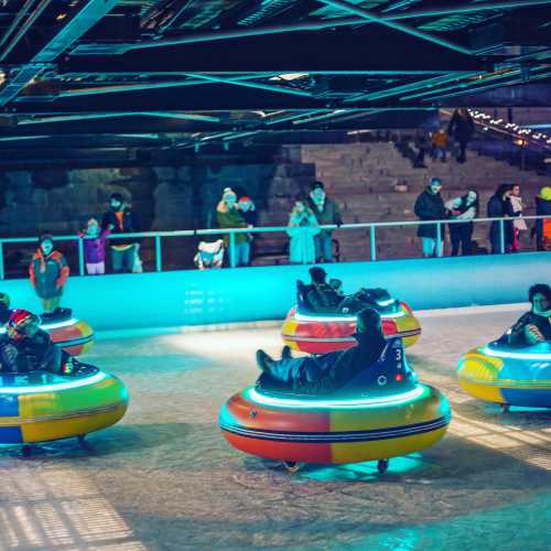 A group of people enjoying bumper cars on ice, with colorful lights and spectators in the background.