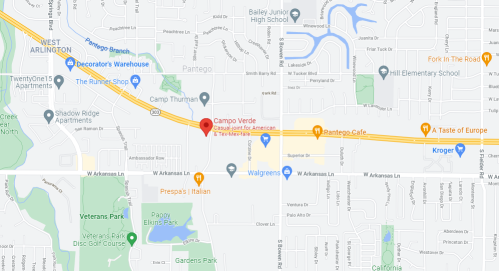 Map showing the location of Campo Verde, a restaurant, near Pantego, Texas, with nearby landmarks and roads.