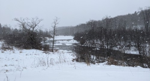 A snowy landscape featuring a river surrounded by bare trees and falling snowflakes.