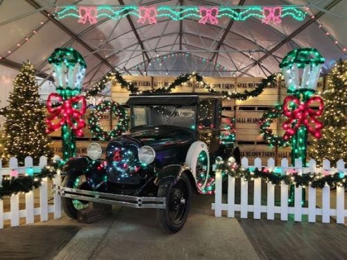 A vintage car decorated with holiday lights, surrounded by festive trees and decorations in a tented area.