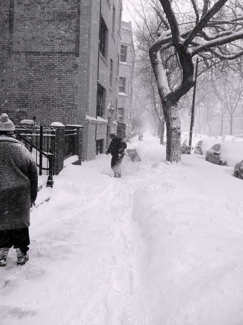 A snowy street scene with a person walking through deep snow, flanked by buildings and snow-covered cars.