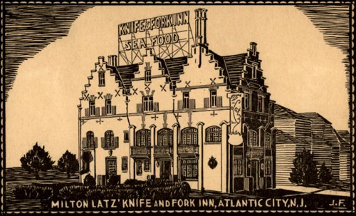 Illustration of Knife and Fork Inn, a historic building in Atlantic City, with a prominent seafood sign on the roof.