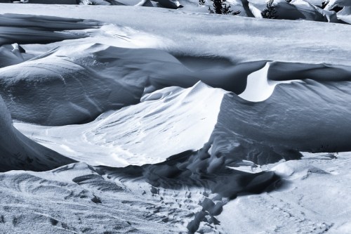 A serene winter landscape featuring undulating snowdrifts and soft shadows, creating a tranquil, monochromatic scene.