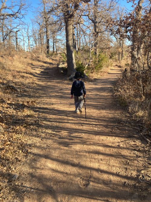 A child walks along a dirt path in a wooded area, holding a stick, surrounded by trees and fallen leaves.