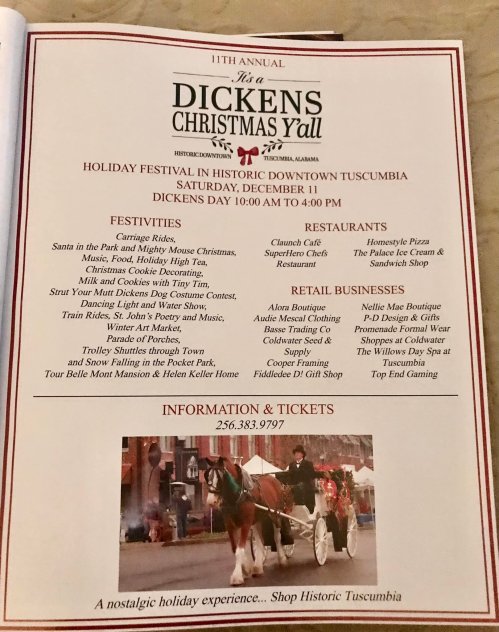 A festive flyer for the 11th Annual Dickens Christmas event in Tuscumbia, Alabama, featuring activities and local businesses.