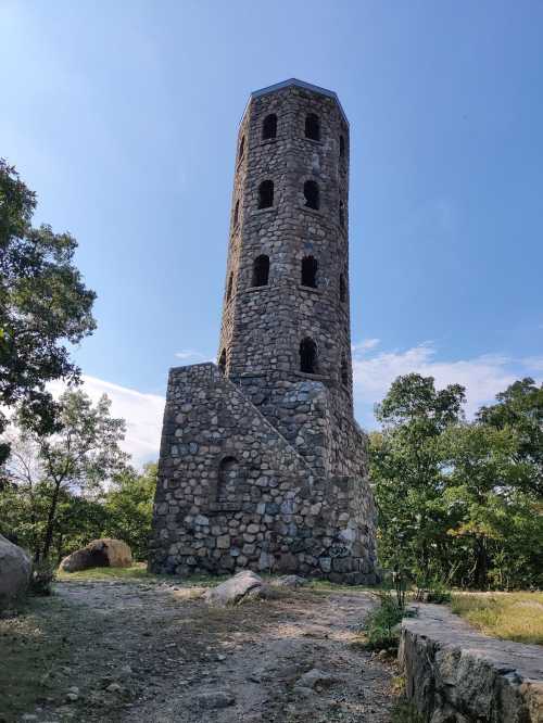 A tall stone tower surrounded by trees under a clear blue sky.