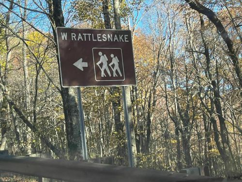 Sign for "W Rattlesnake" trail with hikers icon, surrounded by autumn trees.
