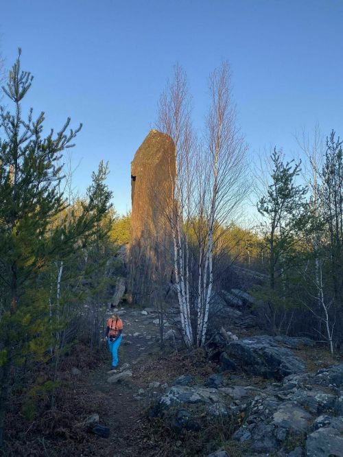 A person in an orange jacket walks along a rocky path surrounded by trees and a tall rock formation in the background.